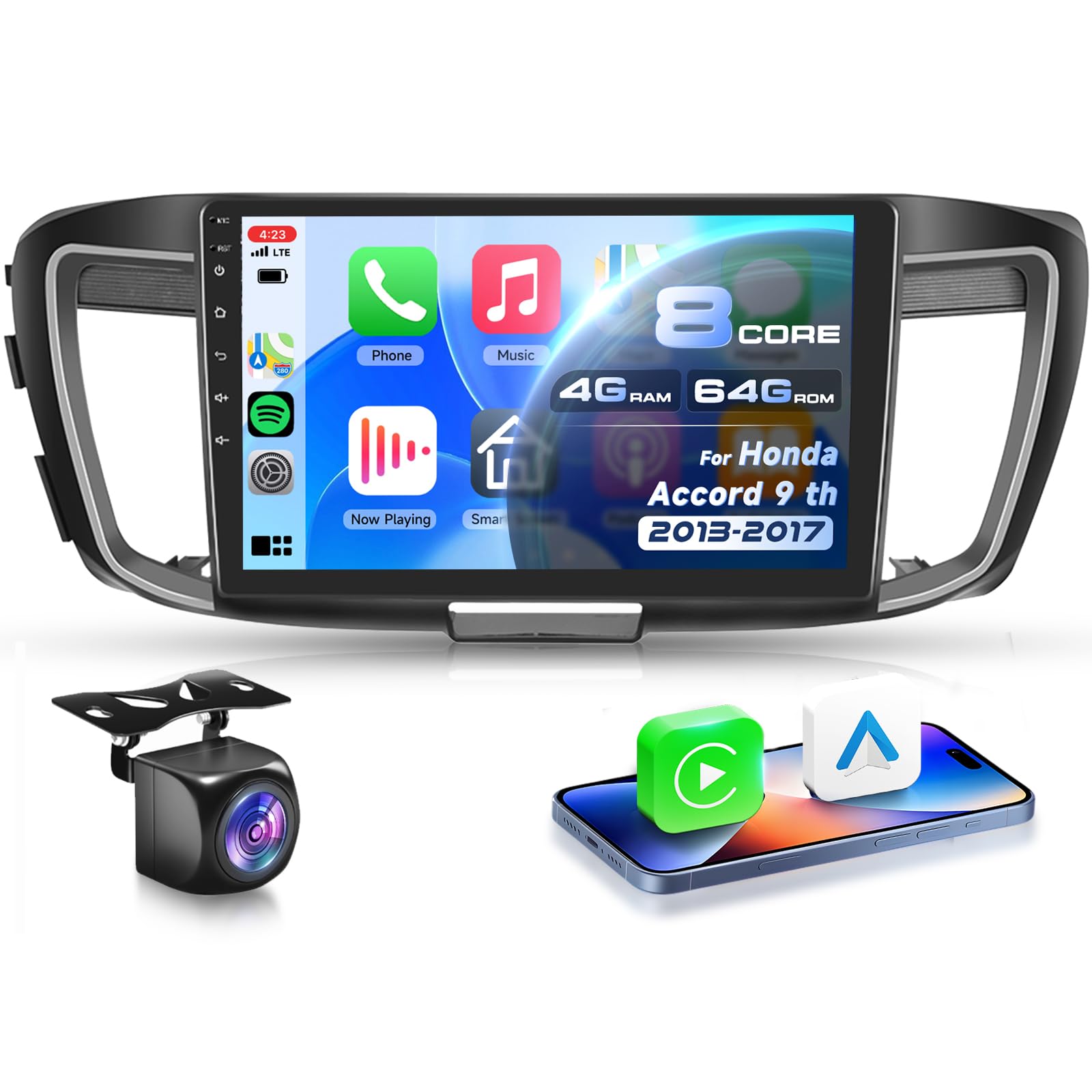 4G+64G with Qualcomm 8 Core Android 15 Car Stereo for Honda Accord 9 th 2.0L 2013-2017 Carpaly Android Auto 10.1’’ Touch Screen Radio OTA Upgrade GPS, WiFi, Bluetooth 5.1, DSP, SWC+Backup Camera