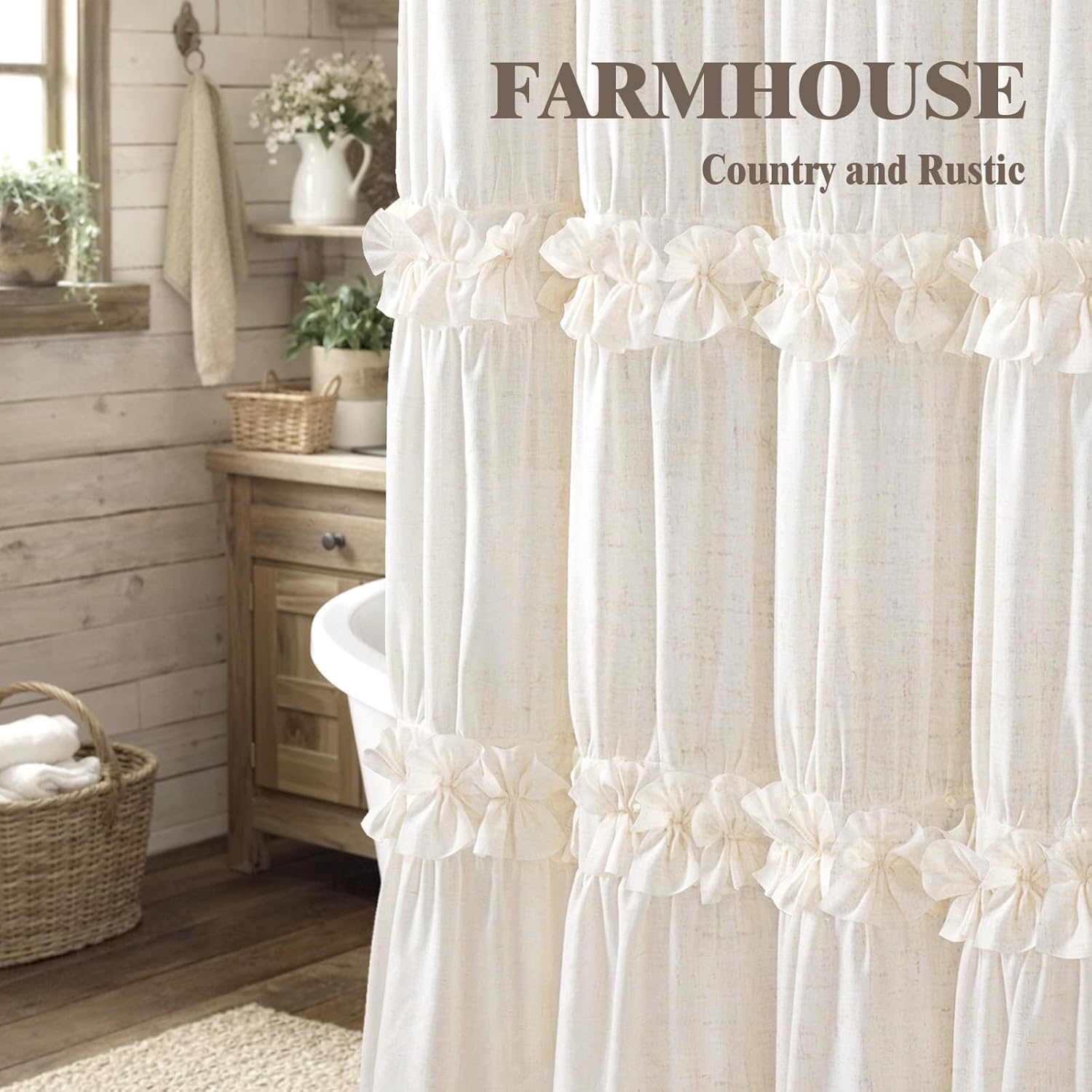 Ruffle Shower Curtain with Bow Vintage Farmhouse Linen Shower Curtain for Bathroom, Cream, 72" W x 78" H