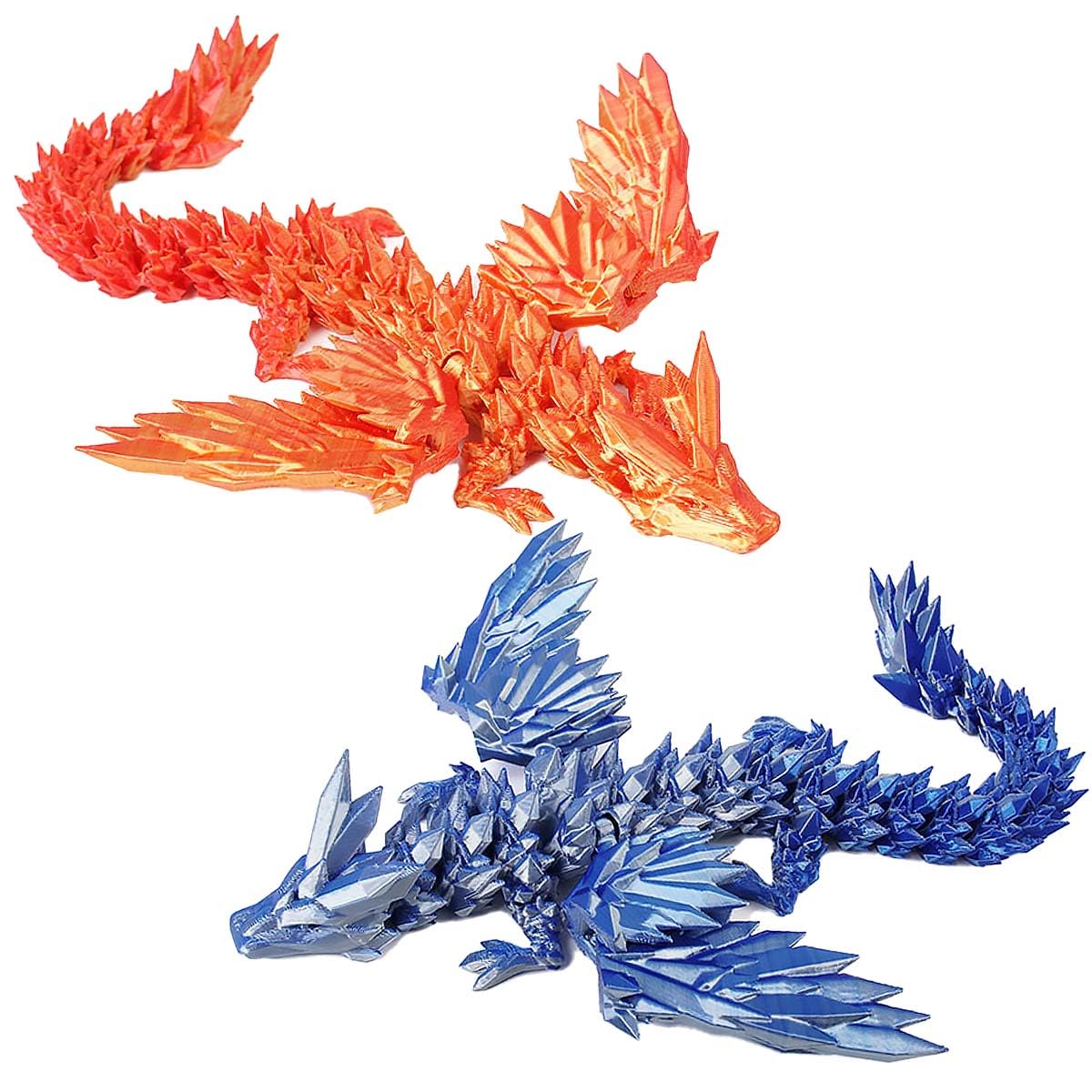 2PCS 9" 3D Printed Dragon, Articulated Flying Dragon Fidget Toy, Flexible Pearly Sheen Crystal Wing Dragon Home Office Decor Desk Toy (Wing Red Gold - Blue Silver)