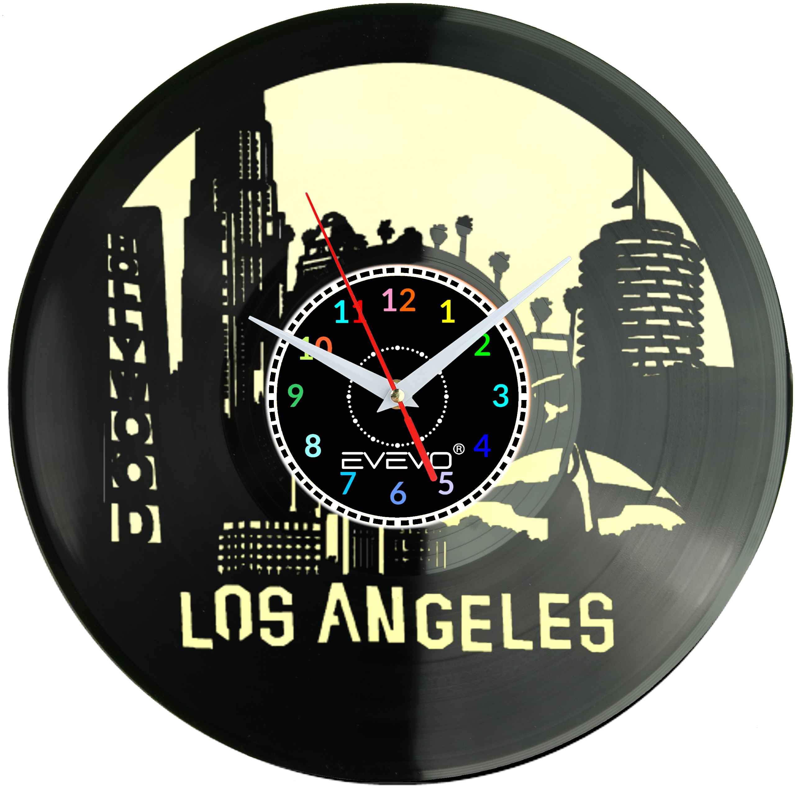 LOS ANGELES MIASTO ANIOŁÓW L.A. USA CALIFORNIA ZEGAR ŚCIENNY FLUORESCENCYJNE TŁO PŁYTA WINYLOWA PREZENT UPOMINEKA EVEVO F0089