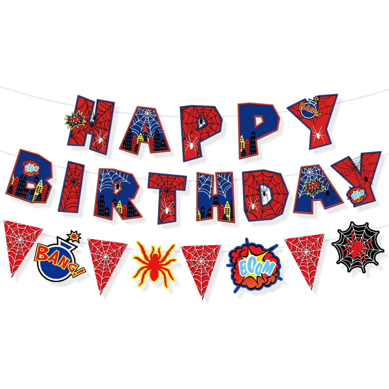 BOXOB Bannière d'anniversaire araignée pré-enfilée sur le thème de la toile d'araignée « Happy Birthday » - Guirlande de fanions à suspendre pour garçons et enfants - Décoration de fête sur le