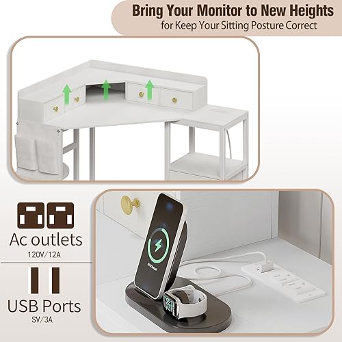 Miniatura 3 de Escritorio esquinero con 6 cajones y estantes para computadora de espacio pequeño con tomas de corriente, escritorio de juegos con soporte de Blanco