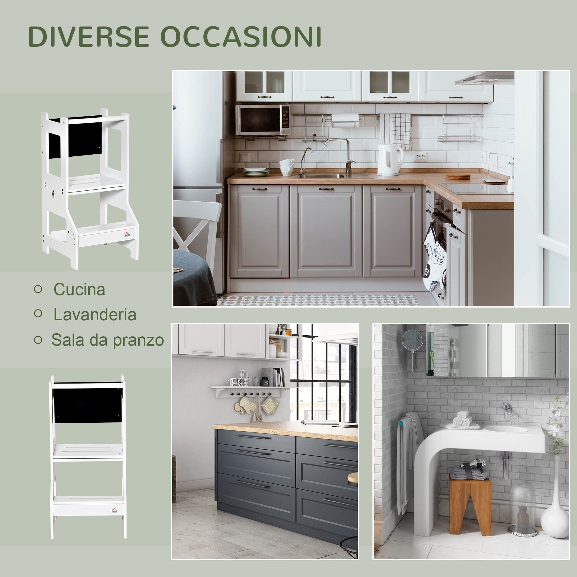 HOMCOM Scala Montessori 2 in 1 in MDF Staccabile, Torre Montessoriana per Bambini 3-6 Anni, Torre di Apprendimento con Sgabello, Lavagna, Corrimano e Parapetti inclusi, Bianco