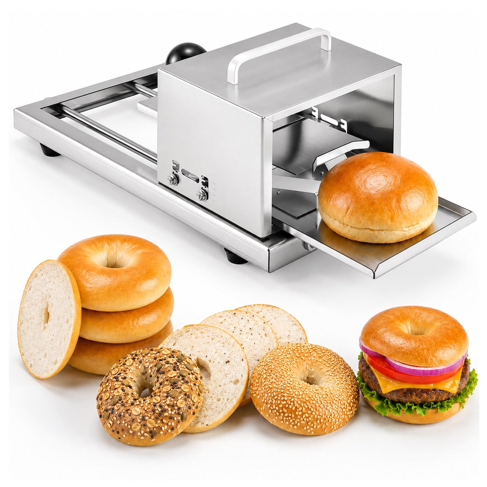 MIAOXIAOLONG Stainless Steel Manual Bagel Slicer For Buns And Bread Stainless Steel, Push-Pull Slicing, Serrated Blade, Large Bagels, Burger Buns, English Muffins, Cafes, Bakeries, Restaurants