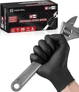 NEOTRIL 8 Mil Heavy Duty Non-Sterile Disposable Nitrile Gloves with Raised Diamond Texture Grip Rubber Gloves