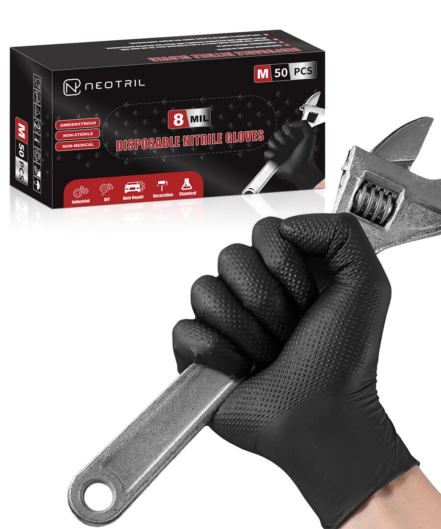 8 Mil Heavy Duty Disposable Nitrile Gloves with Diamond Texture Grip Rubber Gloves Latex & Powder FreeOEKO-TEX STANDARD 100