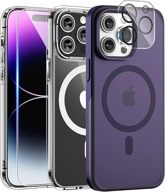 TAURI 5 in 1 Magnetic Case for iPhone 14 Pro Max [Military Grade Protection], 2 Tempered Screen Protector + 2 Camera Lens Protector, [Compatible with MagSafe] Slim Cover 6.7 Inch - Clear
