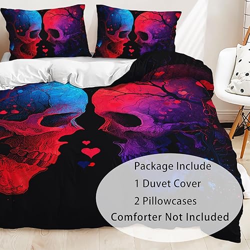 Miniatura 74 de AILONEN Juego de funda de edredón de calavera de azúcar, tamaño Queen, juego de funda de edredón de calavera de rosa roja, juego de ropa de cama