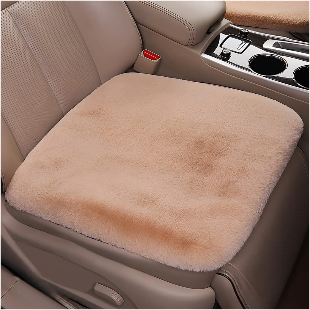 2Pack Car Front Seat Cushion, Soft Warm Faux Rabbit Fur Winter Auto Seat Cover, Fluffy Plush Vehicle Seat Protector Pad with Non-Slip Backing, Car Accessories for Home and Office Chair (Khaki)