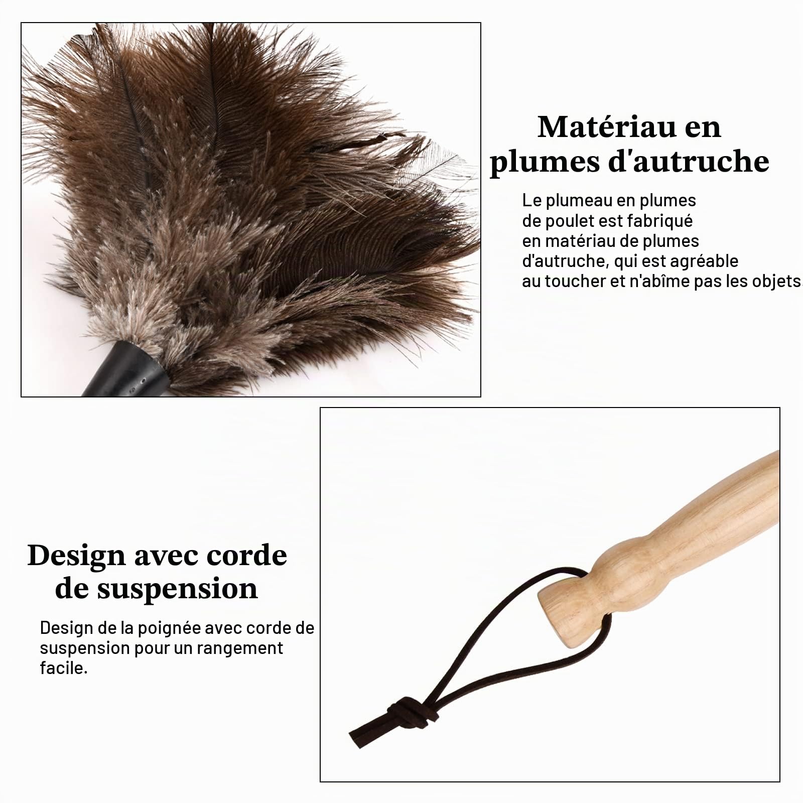 Plumeau D'autruche Naturel Antistatique 32cm - Avec Manche en Bois Fileté