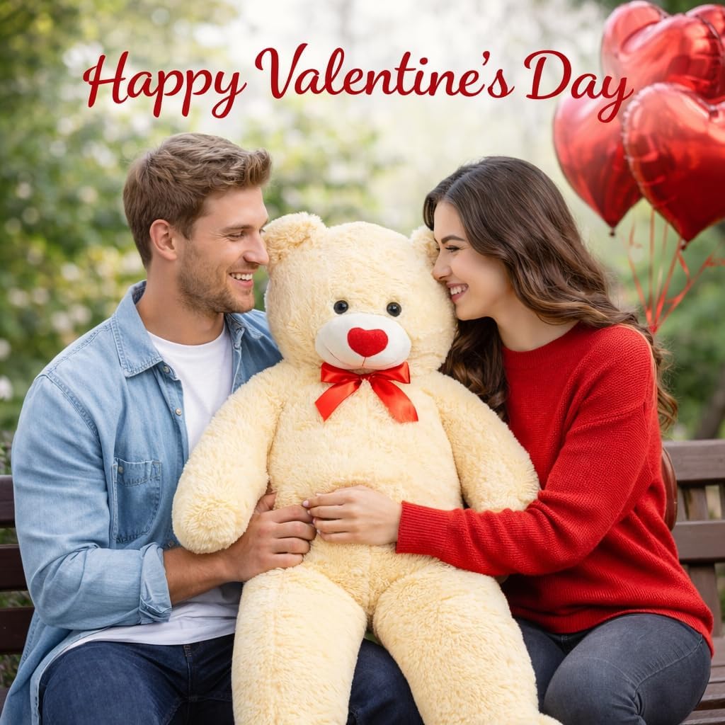 HollyHOME Giant Teddy Bear 4ft Stuffed Animal Large Bear Plush with Red Heart Valentines Anniversary Birthday Gifts for Girlfriend Lover Mom Kids 48 inch Beige