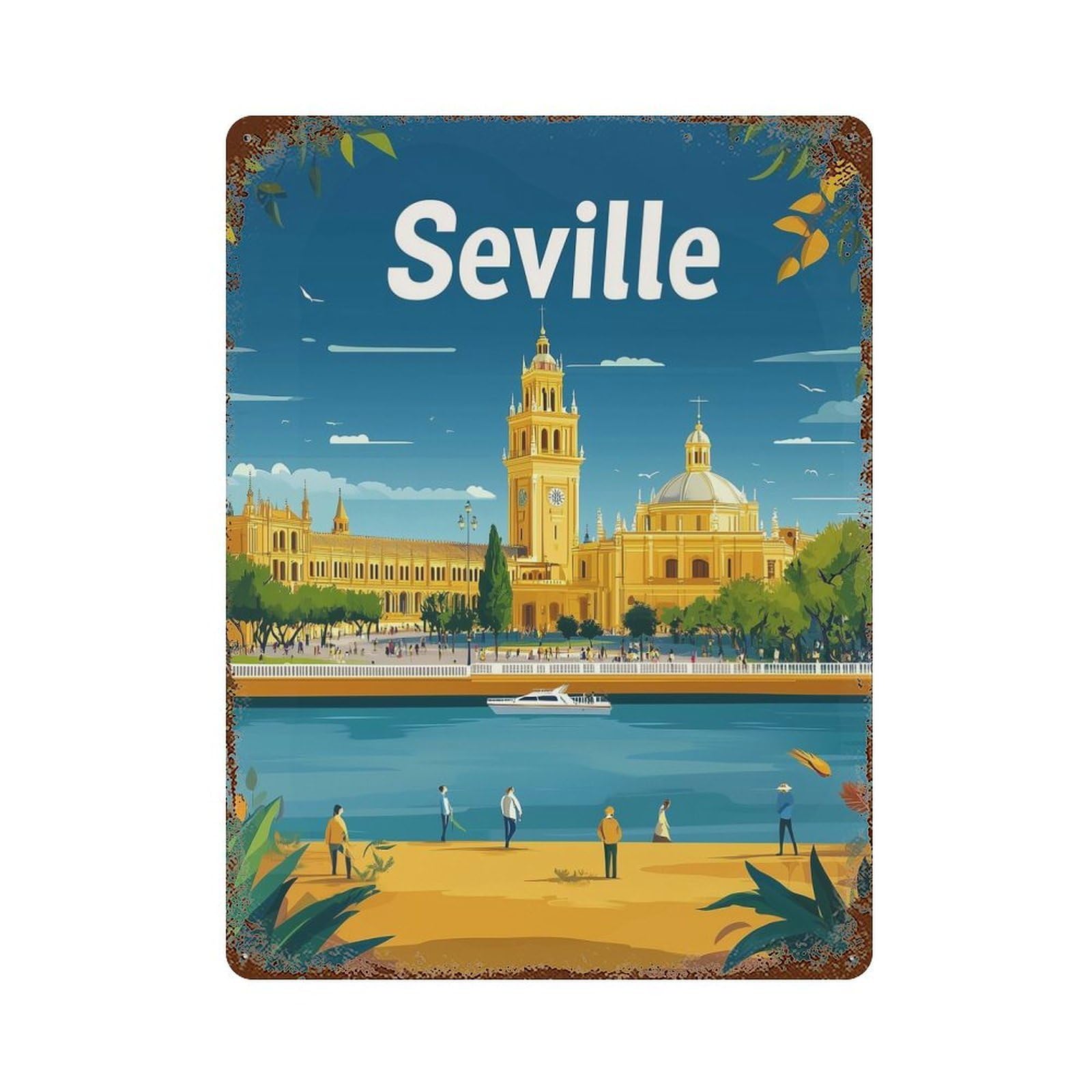 Seville Minimal Travel Art Rust Effect Tin Sign 15.7"x11.8", Ideal for Shed, Workshop And Garage Wall Decor