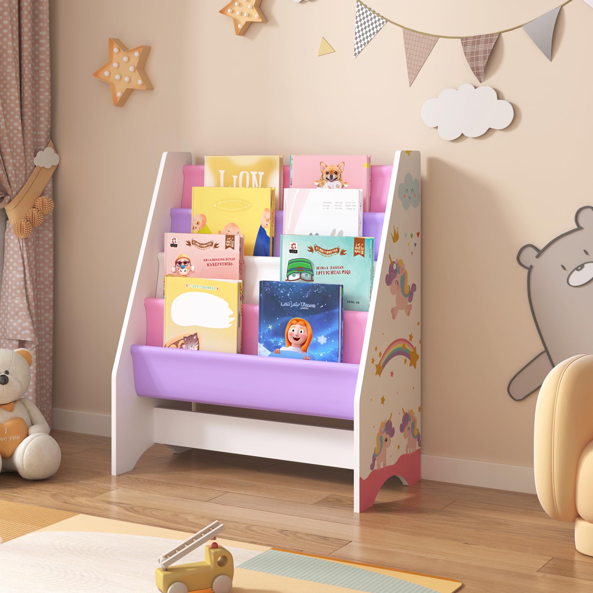 [en.casa] Estantería para Niños Organizador de Libros Motivo de Unicornio Librería de 4 Niveles Aglomerado/Poliéster 74 x 62 x 29 cm Multicolor