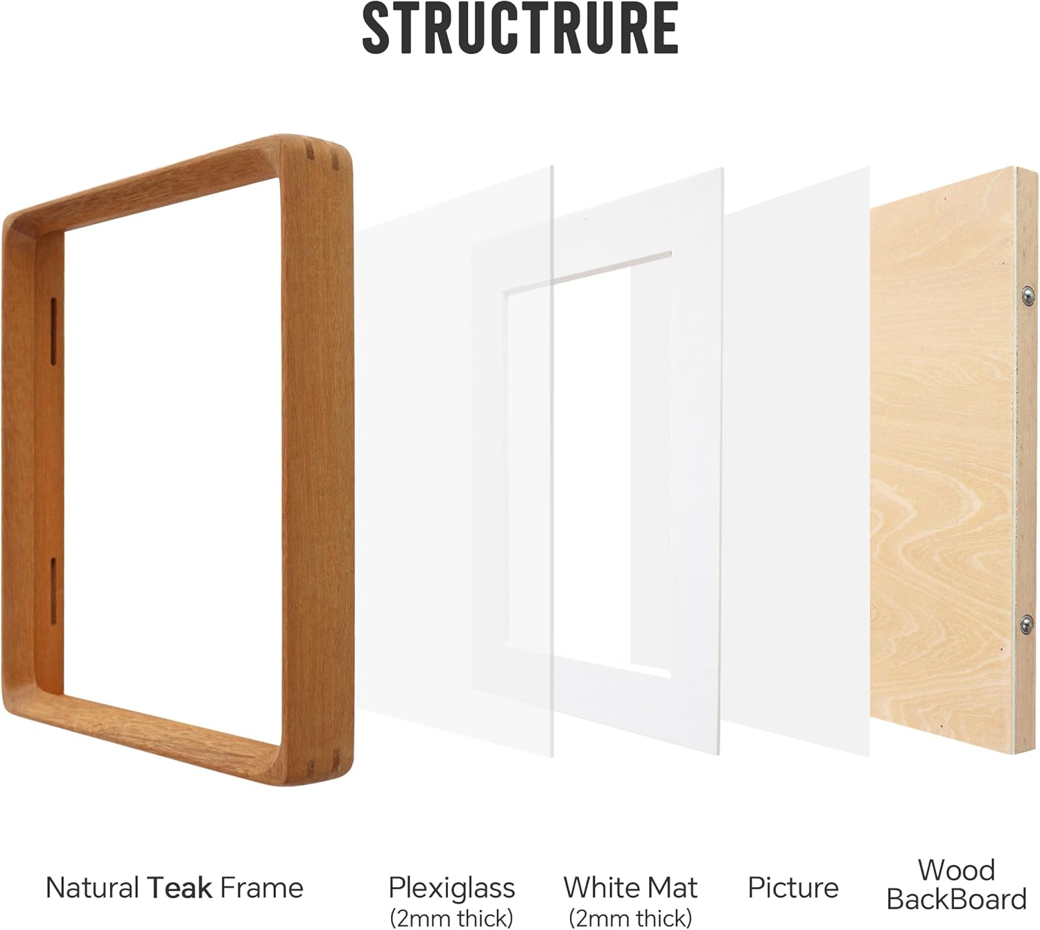Natural 8x8 Picture Frame with Mat for Pictures 6x6, Square Standing Desk Photo Frame, Plexiglass,Solid Teak Wood，Tabletop and Wall Hanging