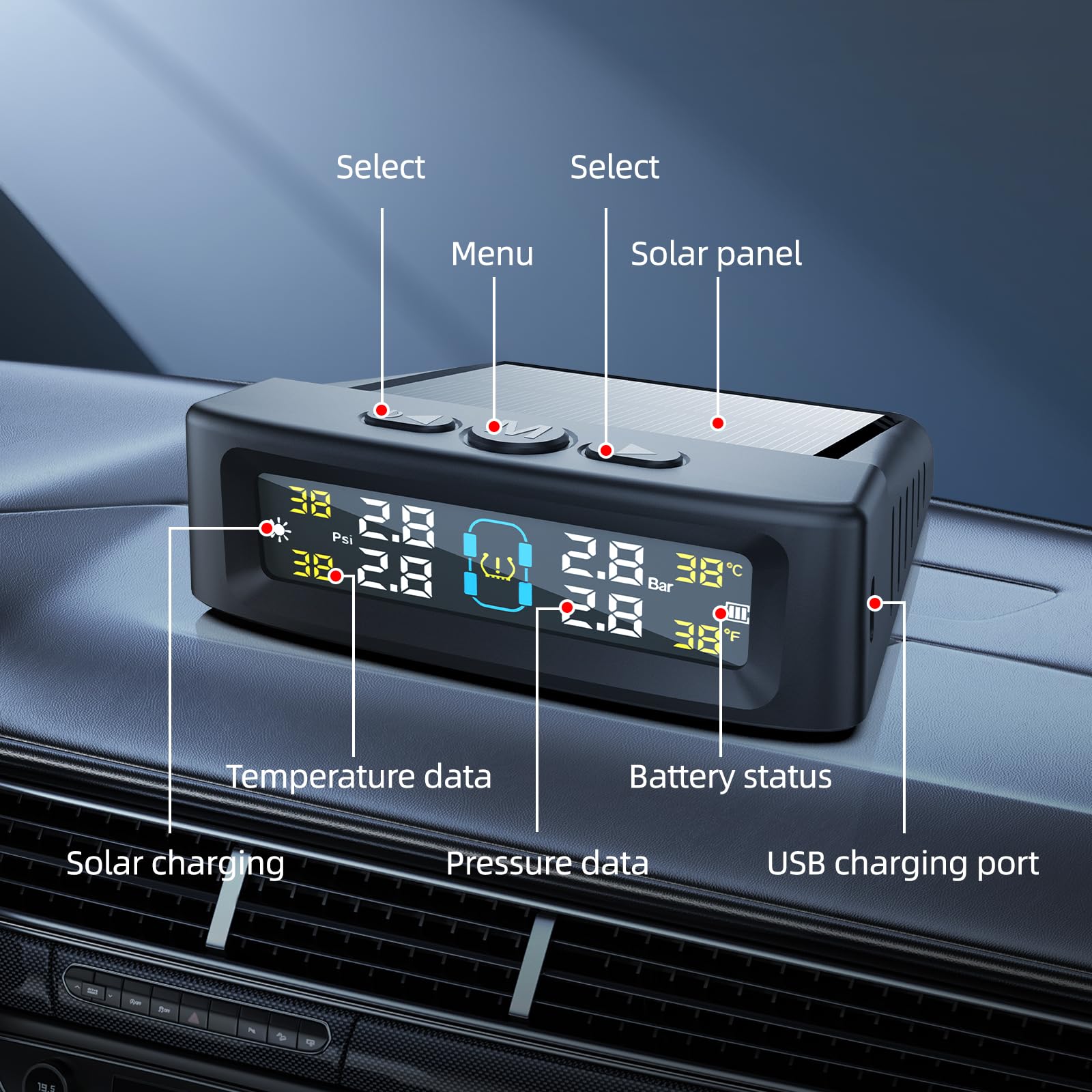KAOLALI Bandenspanningsbewakingssysteem TPMS Solar Draadloze Bandenspanningsmeter met 4 Externe Sensoren, Real-time Weergave Temperatuur Druk 5 Bar Solar & USB Opladen voor Auto SUV