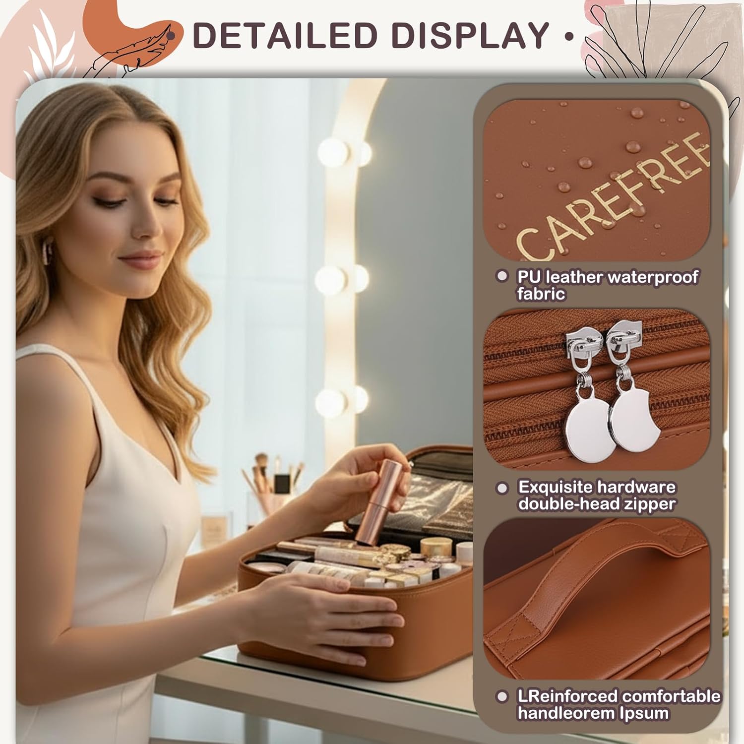 Travel Makeup Bag for Brown and Waterproof Toiletry Bag for Women Large Travel Cosmetic Bag and Case for Women - Image 4