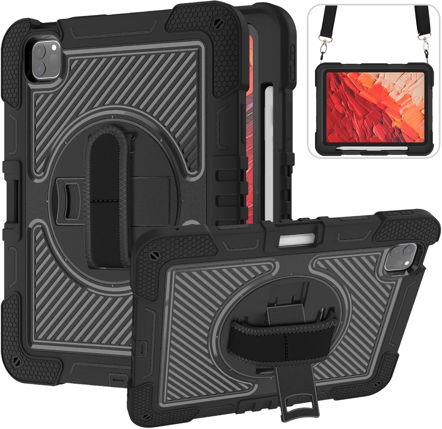 Tablet Case Compatible with iPad Pro 11 Inch Case M4 2024 5th Generation,Heavy Duty Shockproof Rugged Protection Case with Shoulder Strap Rotating Kickstand+Pencil Holder(Black)