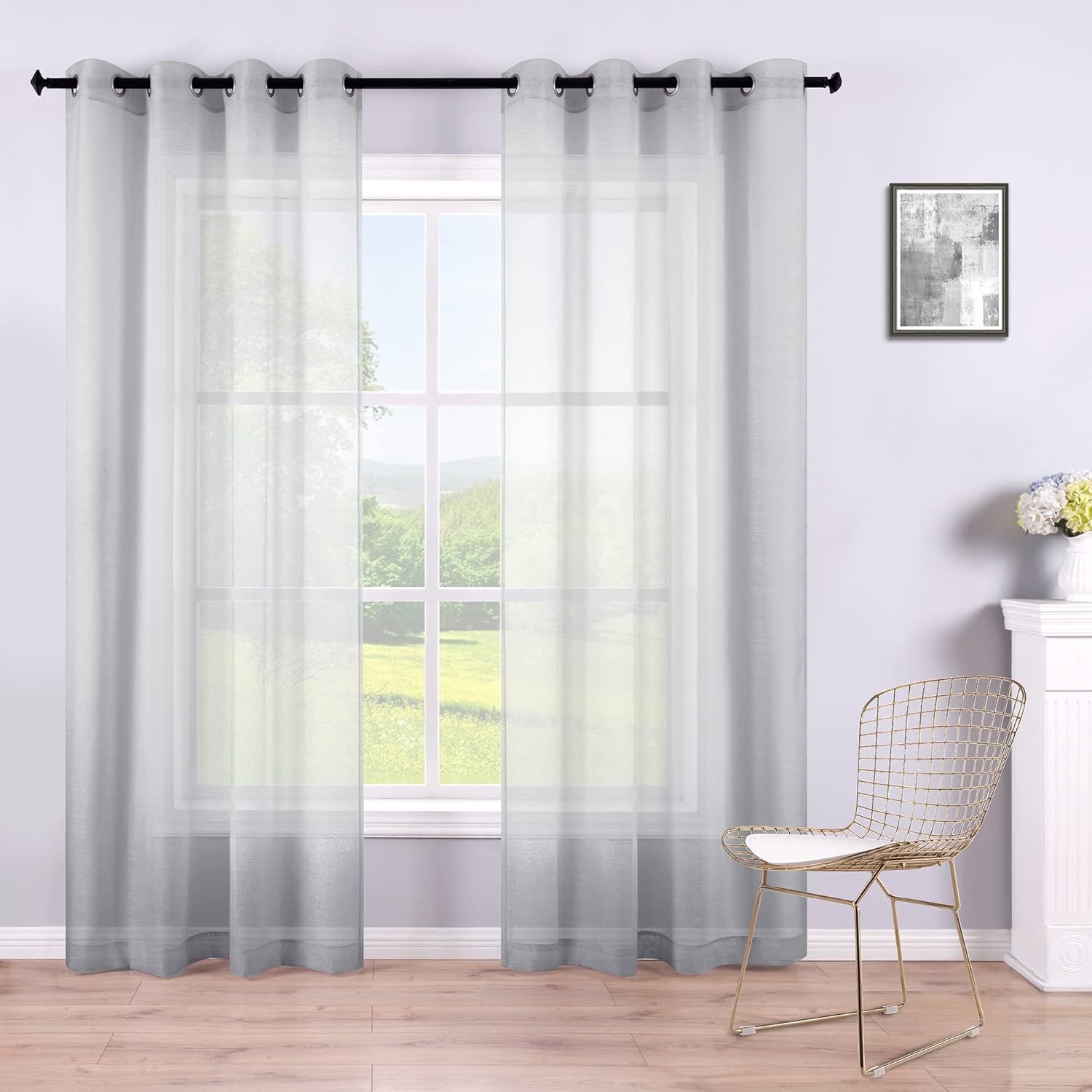 KOUFALL Gray Grommet Faux Linen Sheer Curtains 52x90 Inch Length 52"W x 90"L (Pack of 2) Grey