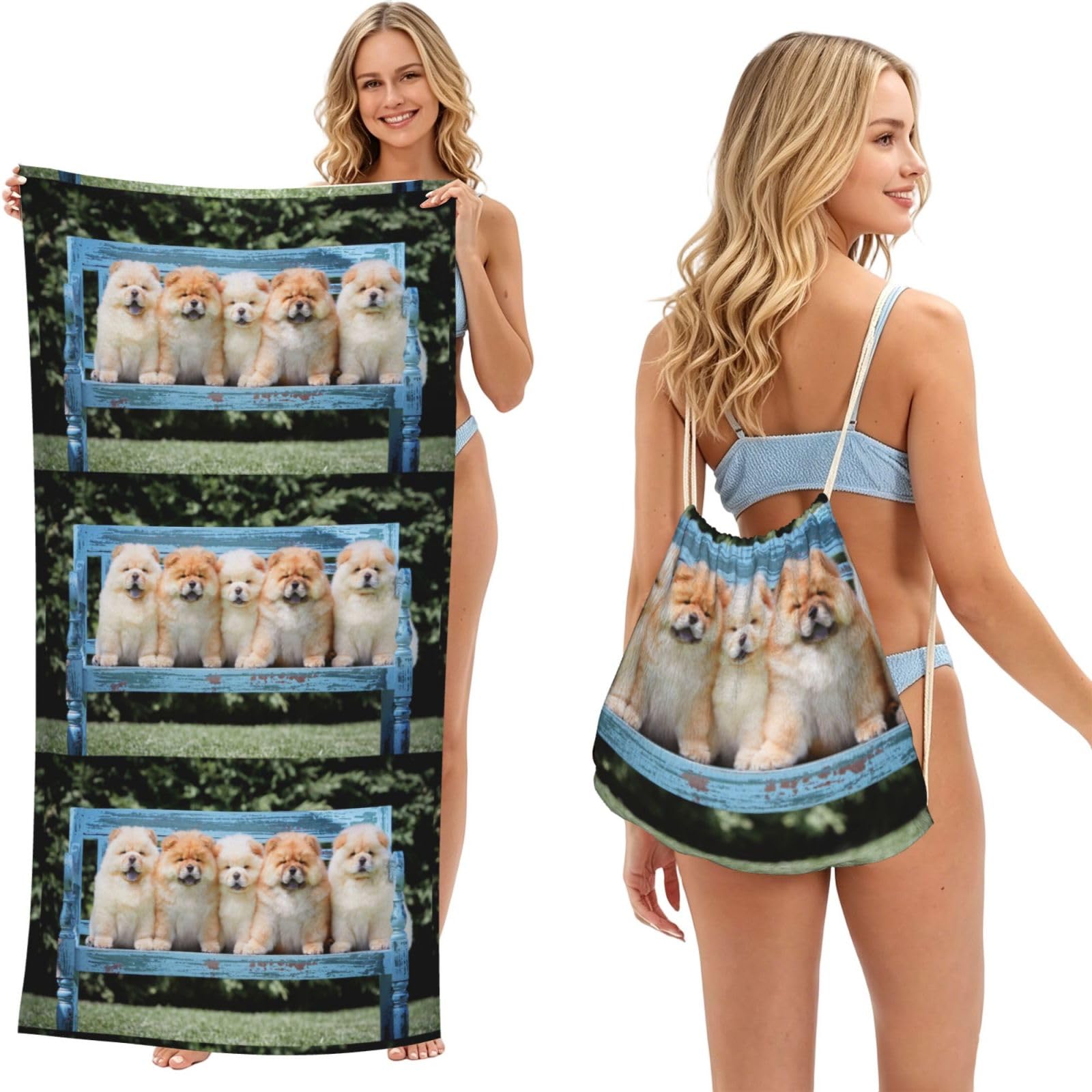 Poadnly As Picture Chow-Chow Cute Dogs Five Puppies, 2 In 1 Packable Towel Bag, Beach Towels With Drawstring Backpack For Travel Holiday Camping
