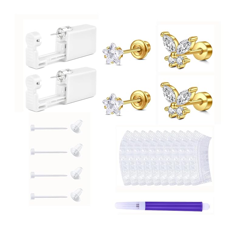 QWALIT Kit para Piercing de Orelha Dourado com Pistola Descartável e Brincos, Pacote com 3 pares
