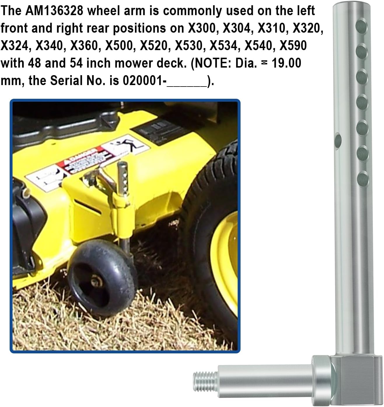 AM136328 Mower Deck Gage Wheel Arm LH Front Or RH Rear Replacement Parts Kit Fit For X300, X304, X310, X320, X324, X340, X360, X500, X520, X530, X534, X540, X590 Lawn And Garden Tractors