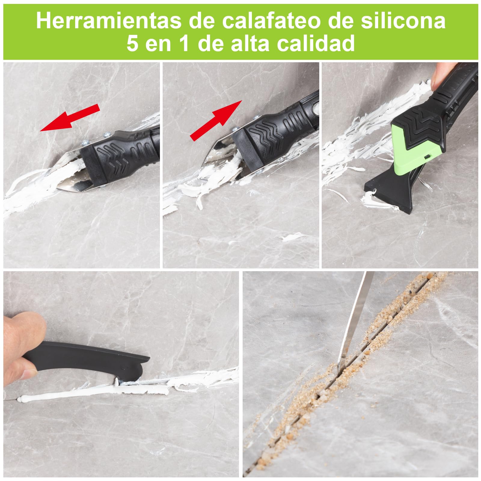 Aplicador Silicona Herramienta, Juntas Azulejos 5 en 1 Espátula Eliminador de Calafateo Cemento Rascador, Espatula Silicona para Juntas para Baño de Cocina