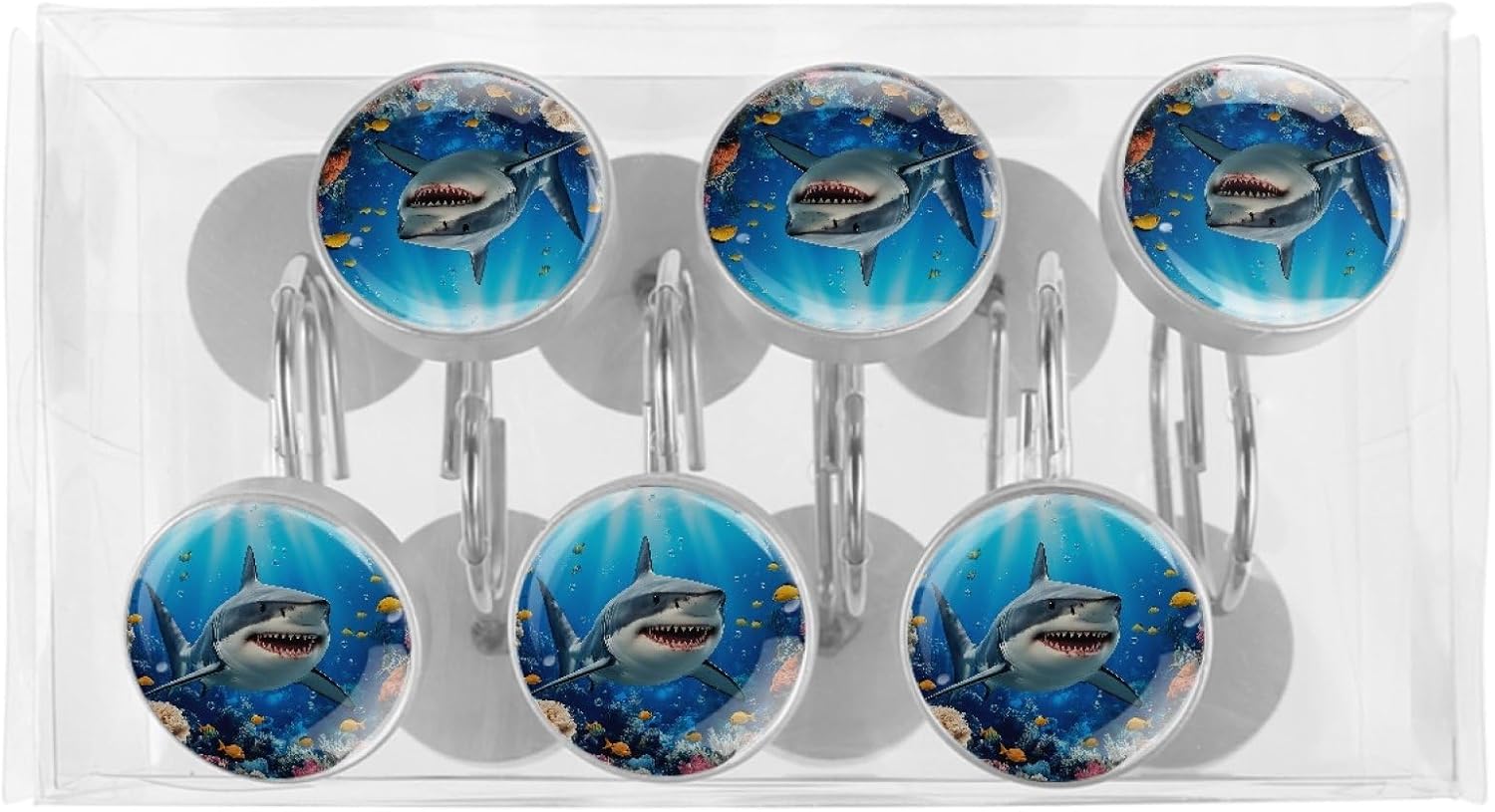 Ocean Shark Rust Proof Shower Curtain Hooks 12Pcs for Bathroom Shower Rod, Decorative Shower Hooks Shower Curtain Hanger Rings Roller, Glass, Resin, Stainless Steel