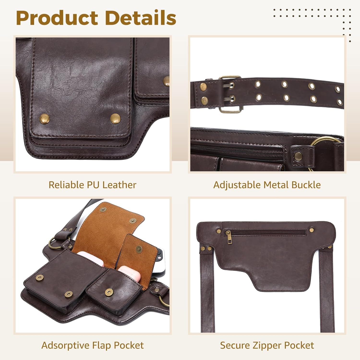 Leather Fanny Pack for Women, Adjustable Waist Bag Vintage Renaissance Hip Belt Pouch with Adsorptive Flap & Zipper Pockets, PU Leather Festival Costume Bag for Travel, Hiking, Cosplay - Image 3