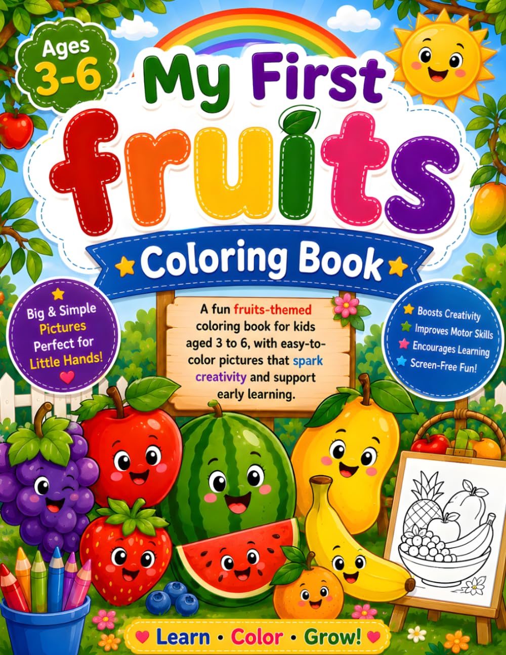 Fruit Coloring Book for Kids Ages 3-6: Fun and Easy Fruit Coloring Pages for Preschoolers, Toddlers, and Kindergarten Kids | Learn Fruits While Coloring