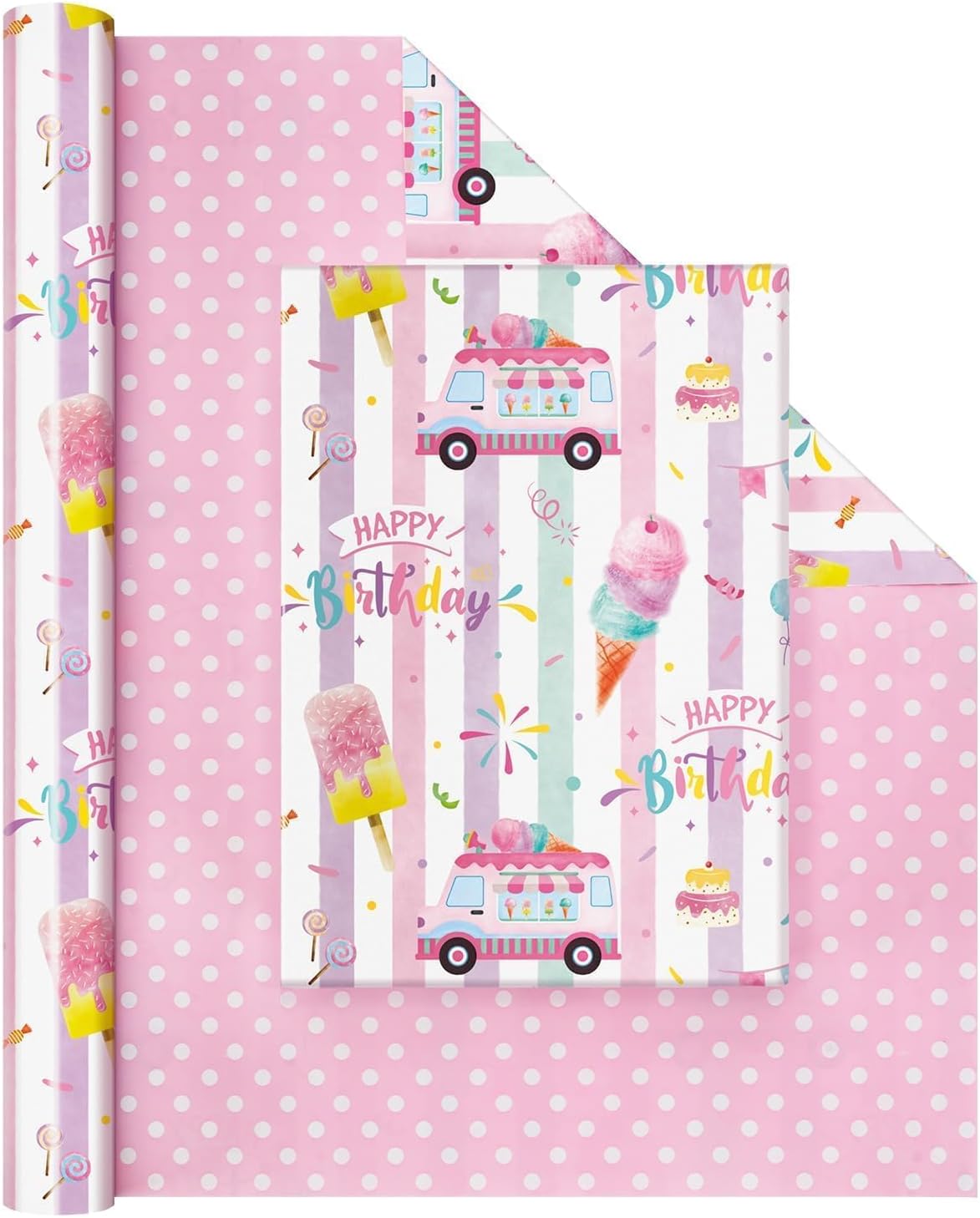 WERNNSAI Ice Cream Reversible Wrapping Paper - 1 Roll 17” x 33 ft Happy Birthday Wrapping Paper Roll Kids Pink Summer Birthday Gift Wrap Roll Girls Wrapping Paper Polka Dot Design Bday Party Favor