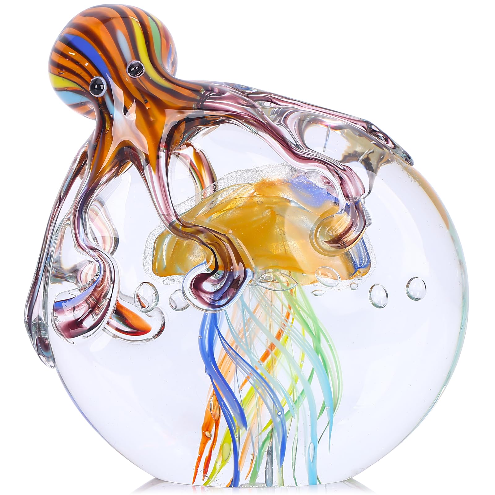 LCCCK Glass Octopus Jellyfish Statue Home Decor, Hand Blown Glass Decor Ocean Figurines Octopus Sculpture, Murano Art Office Desk Paperweights Fish Tank Aquarium Sea Animals Christmas Birthday Gift