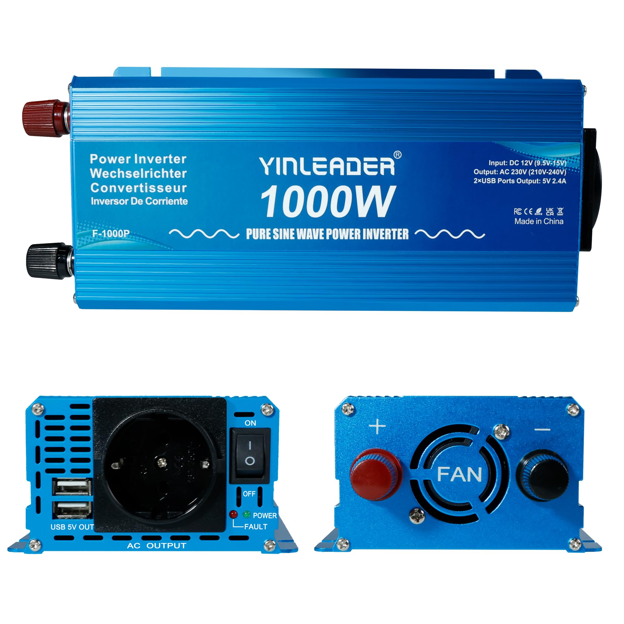Yinleader Inversor De Corriente Onda Sinusoidal Pura 1000W Transformador De 12v A 230v, 1 Toma EU Enchufe 2 USB, para Coche Caravana Barco cámping de Viaje /2000W Potencia de sobretensión