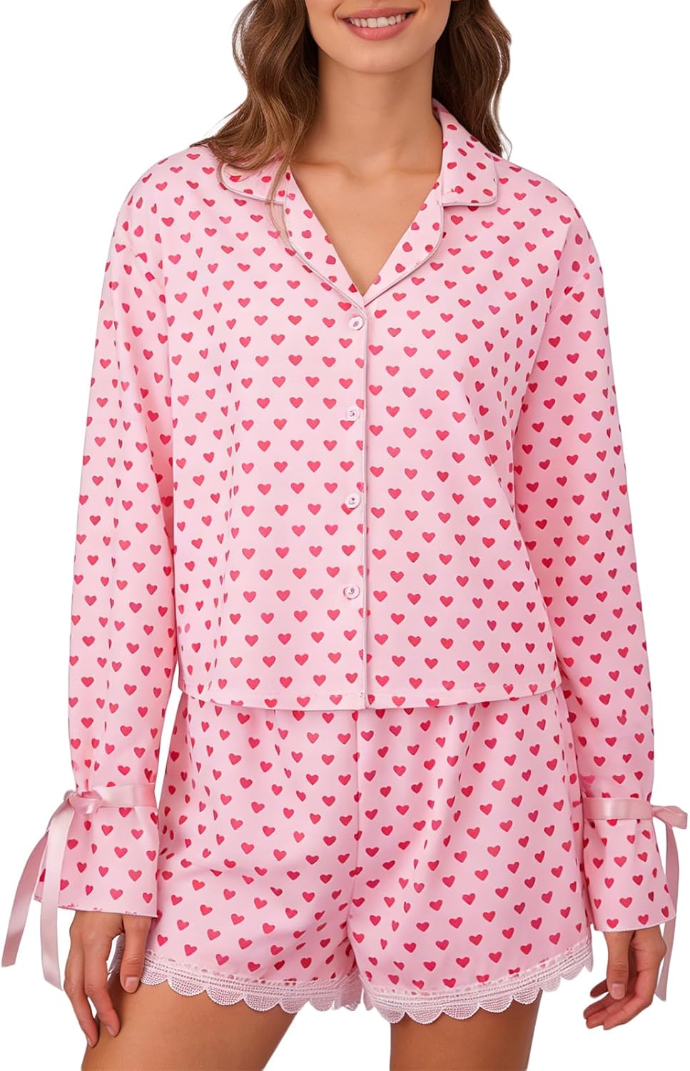 Women Heart Print Pajamas Sets Long Sleeve Button Down Shirt Tops and Ruffle Lace Trim Shorts Loungewear