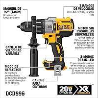 Vista 4 de DEWALT Taladro de martillo inalámbrico MAX XR de 20 V, sin escobillas, resistente de 1/2 pulgada, 3 velocidades, solo herramienta (DCD996B)