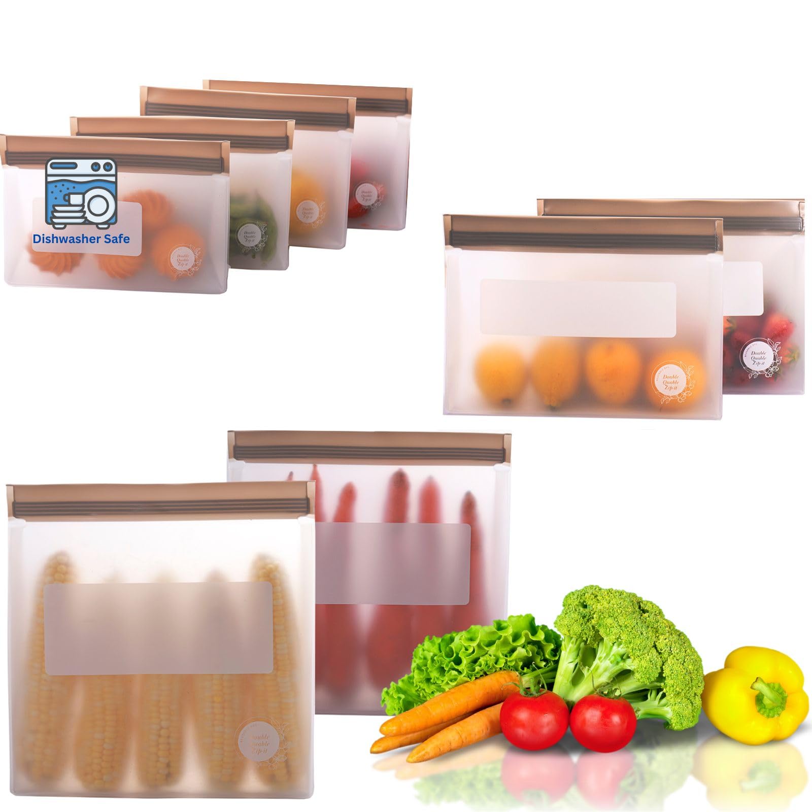 Reusable Food Storage Bags 8-Pack – BPA-Free Freezer & Dishwasher Safe, Leakproof Stand-Up Snack Bags 2 Gl + 2 L, 4 M– Eco-Friendly Airtight Ziplock