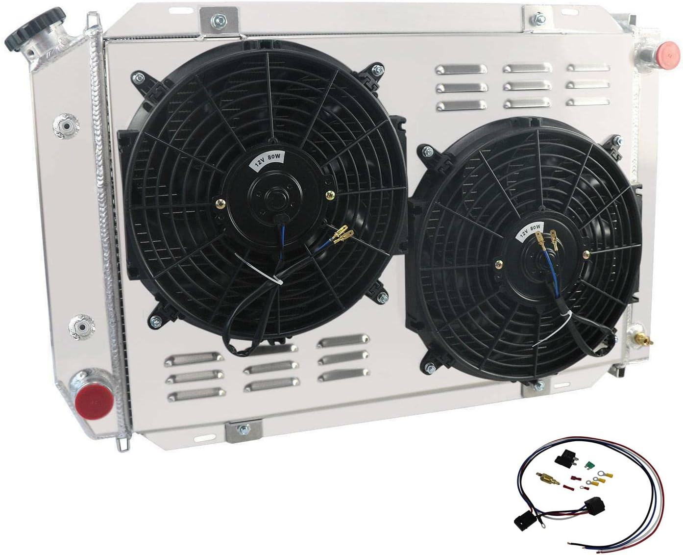 4 Row Core Radiator For 1979-1993 Ford Mustang GT/LX Foxbody 5.0L V8 AT/MT for Lincoln Continental Mark VII/Mercury Cougar 80 83 85 87 92 Aluminum Radiator Shroud 12"Fan Relay Kit