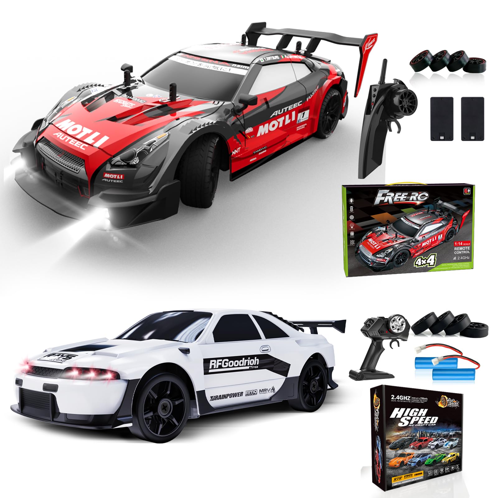 RC Drift Car 1:16 & 1:24 Scale 4WD RC Car, 30km/h & 15km/h High Speed, 2.4GHz Remote Control, 2 Rechargeable Batteries, Ages 4-7, Unisex
