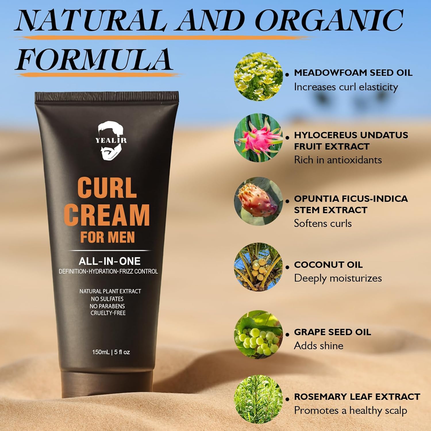 Curl Cream for Men, 5oz | Defines Curls, Controls Frizz & Hydrates with Medium Hold | Sulfate-Free, Organic & Natural Ingredients | Lightweight, Non-Greasy Styling Cream for Wavy & Curly Hair - Image 6