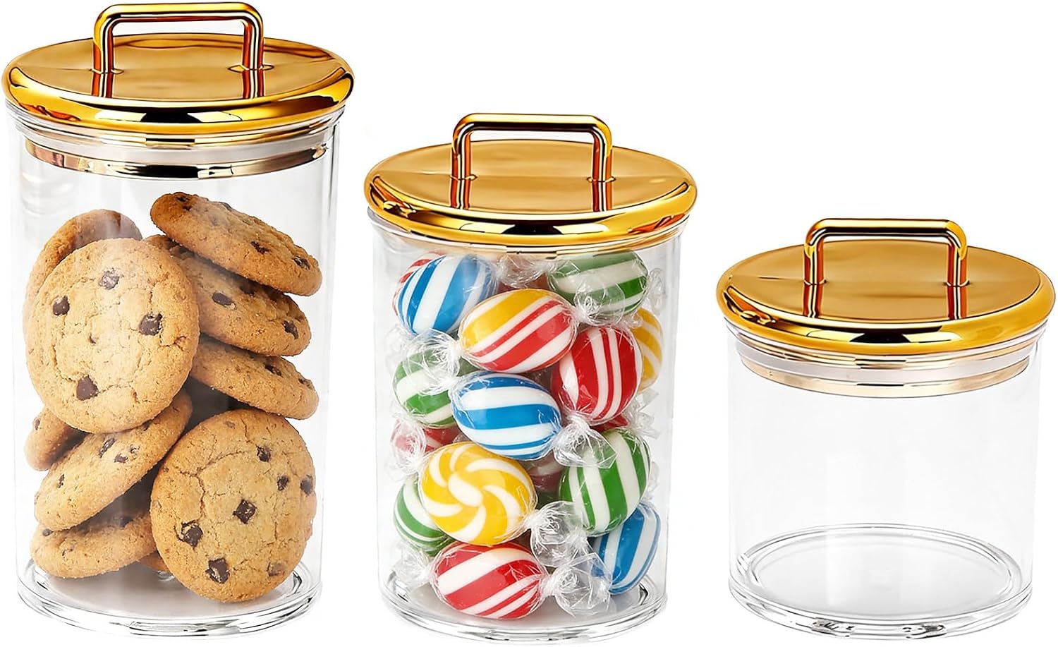 3 Pcs Clear Bathroom Storage Jars, Acrylic Jars with Gold Lids, Airtight Canisters Includes Small Medium Large, 4.3 X 4.3 X 4.3-7.9 in