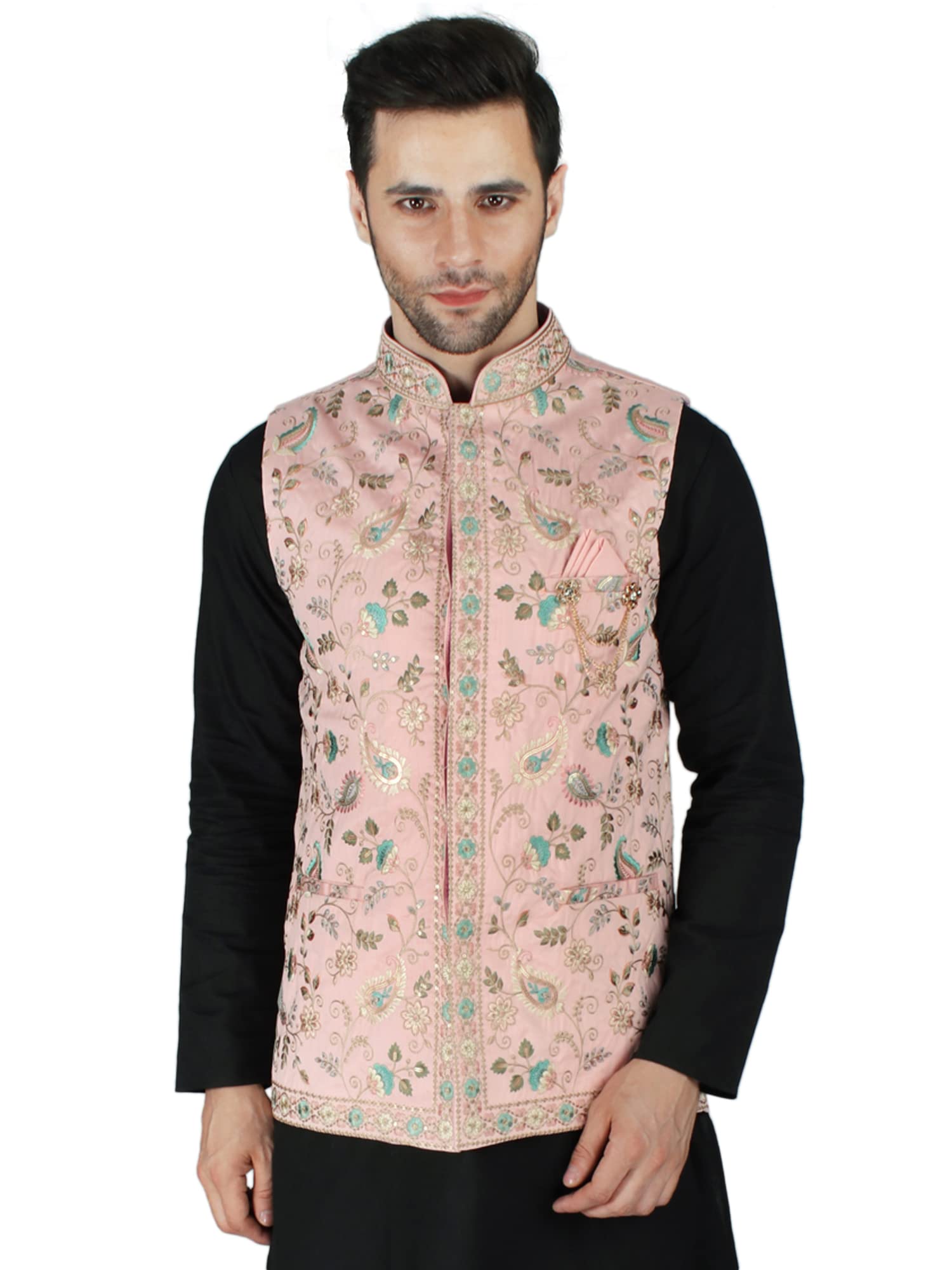 exotic india Crystal-Rose Art Silk Ethnic Nehru Jacket Waist Coat With Multicolor Floral Silk Embroidery And Sequin Work-picture-25