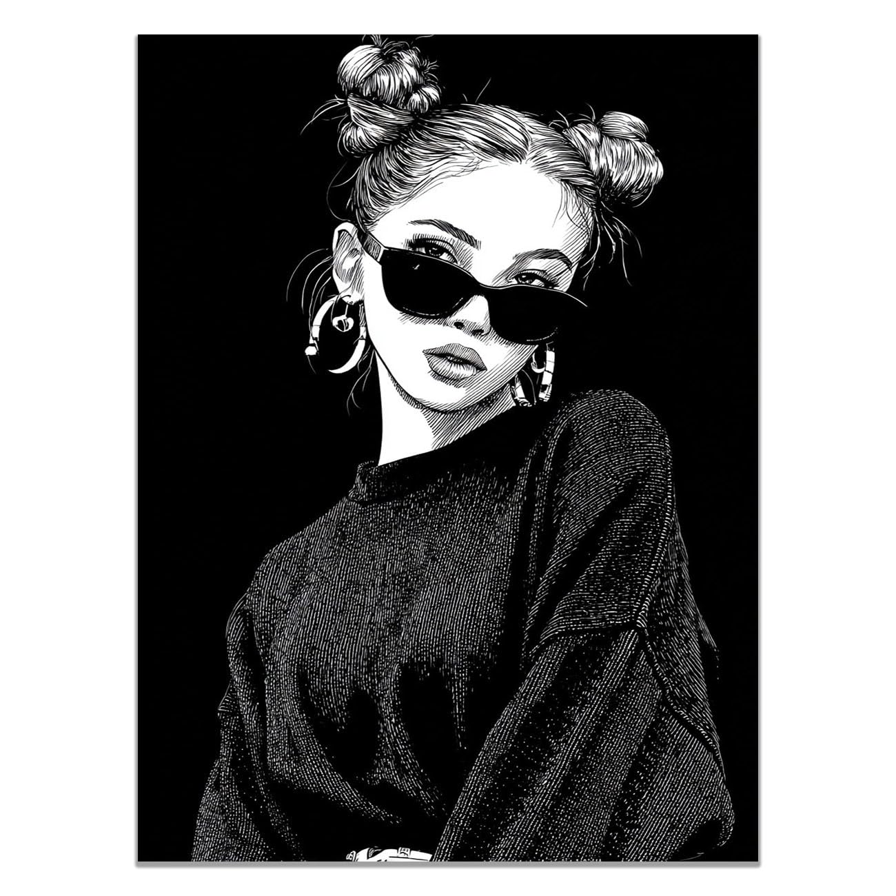 QUSAAOU African Americans Wall Art Lady Double Buns Sketch Vintage Tribal Girl Images Elegant Paintings Of Black Women Suitable For Home Wall Decoration(black)-60x90cm1 Unframed