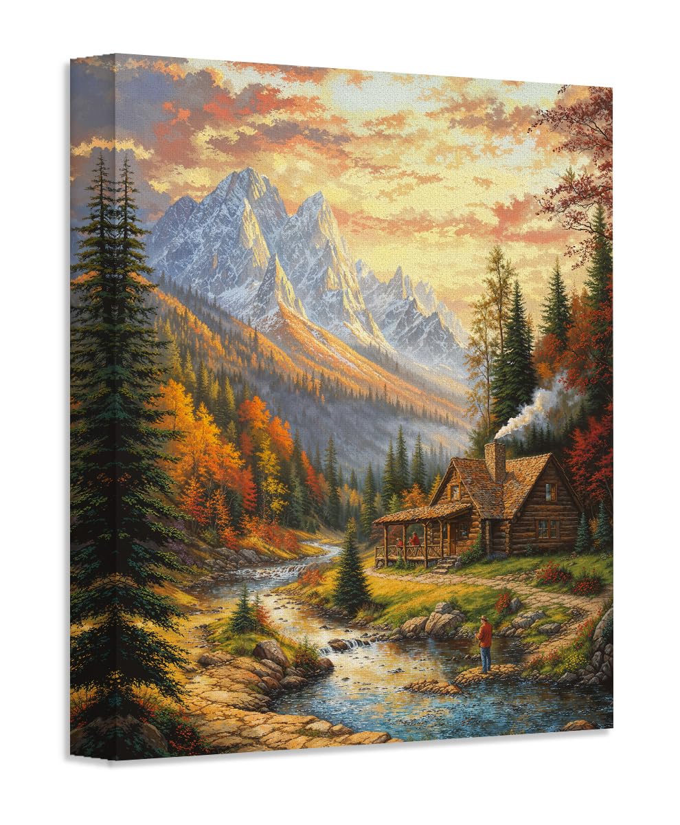 The Fishing Cabin Autumn Landscape Rustic Painting 18x24 Stretched Canvas - Cozy Log Mountain River Scene, Tranquil Fall Forest Artwork, Stream Art,