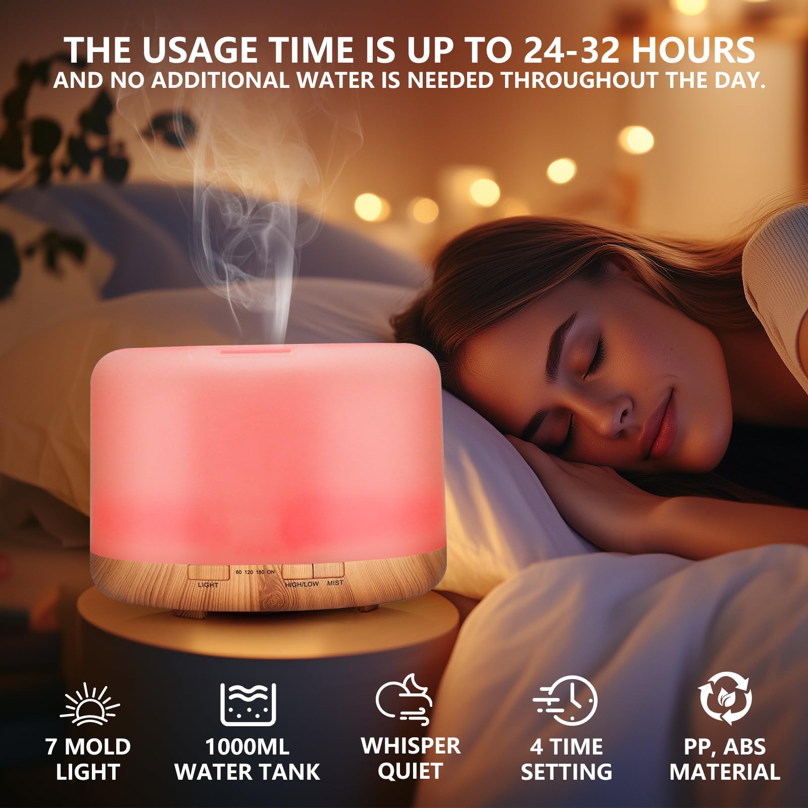 WD&CD Diffusore di Aromi, 1000ml Umidificatore Ultrasuoni con Telecomando/7 LED Colori/Spegnimento Automatico, Diffusore di Oli Essenziali per Spa, Venatura Del Legno Chiaro