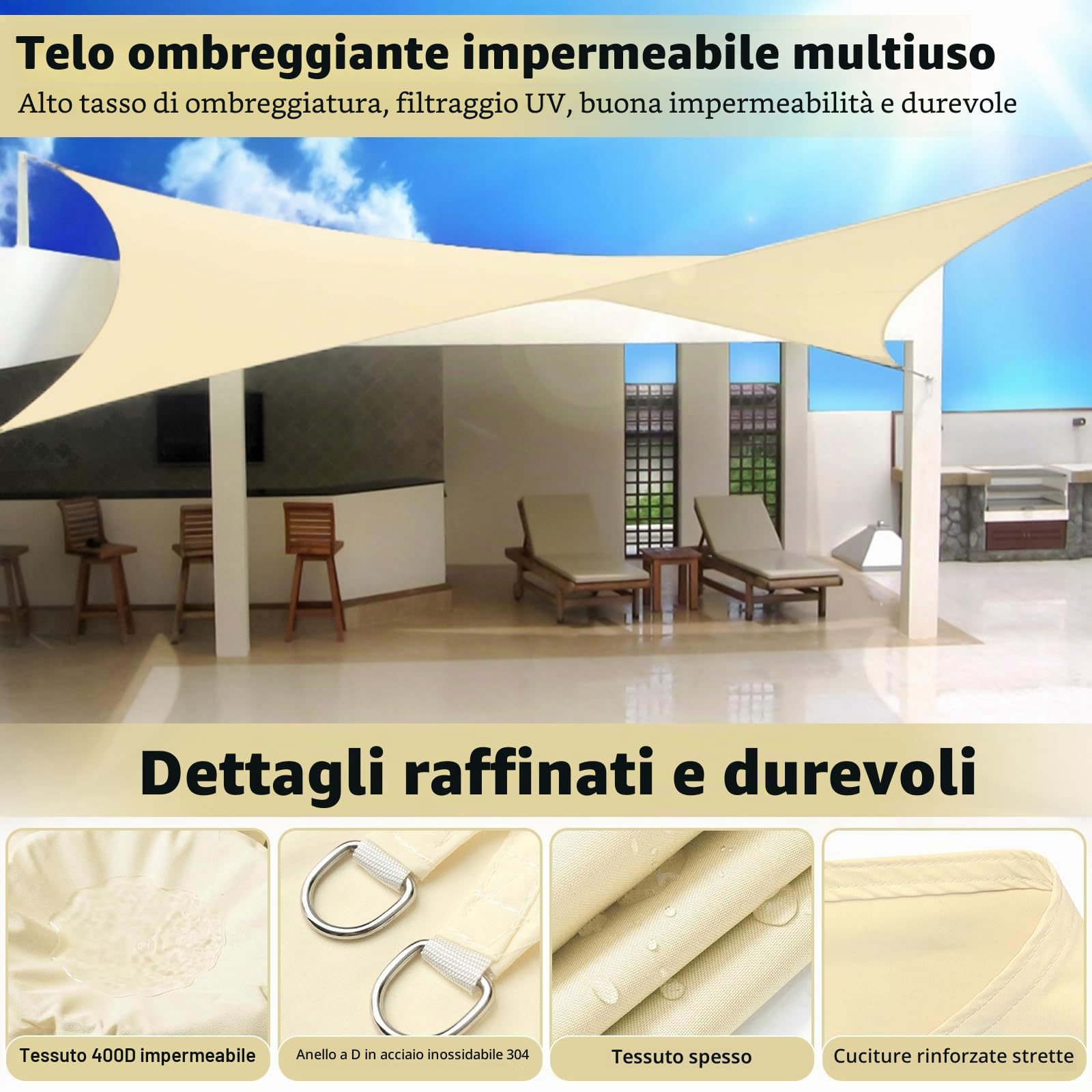 Vela Ombreggiante Impermeabile,Tenda a Vela per Esterno 3x4m Vela Ombreggiante,Tenda Ombreggiante Esterno,Protezione UV Tenda a Vela per Balconi Per Esterno, Giardino Terrazzo - Crema