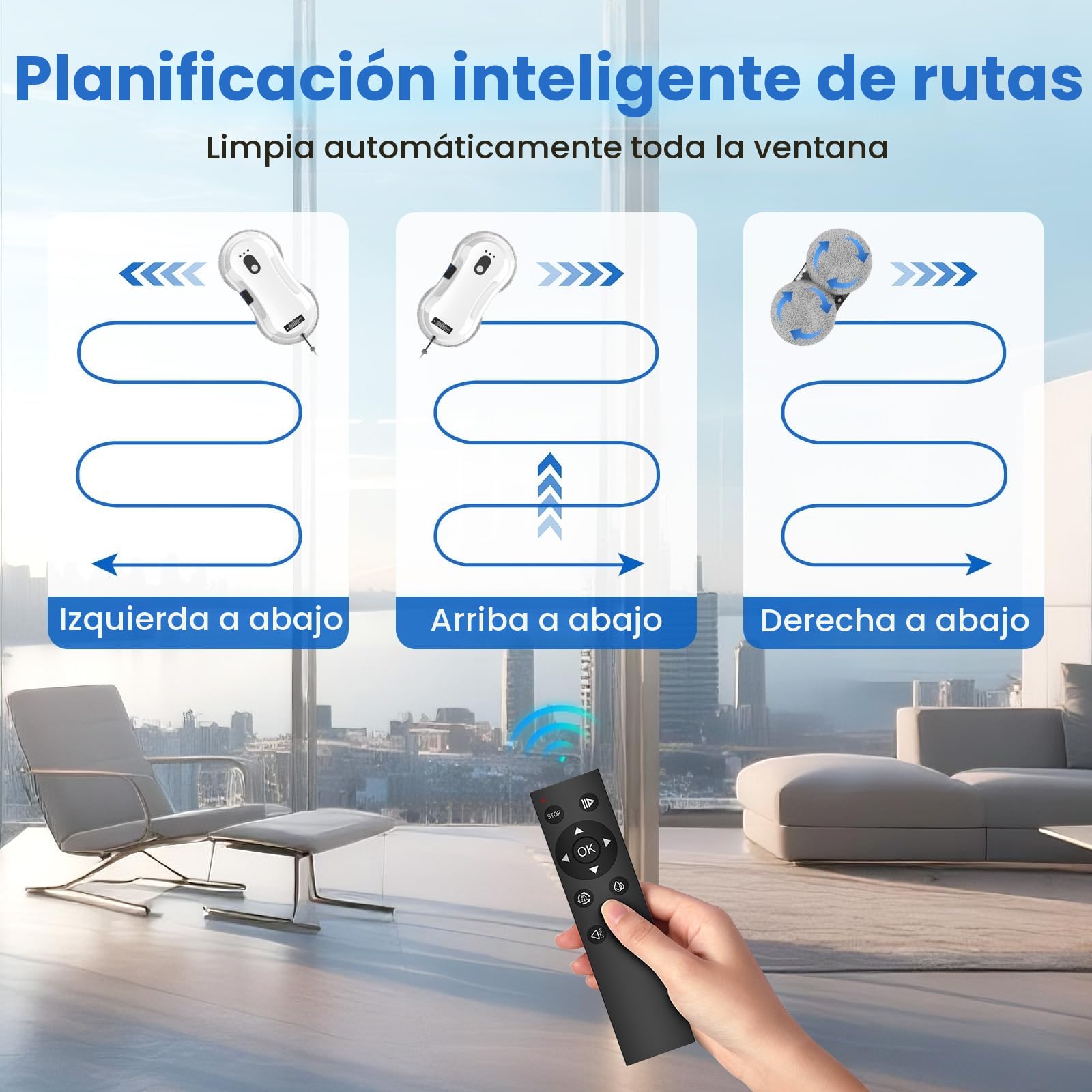 Robot Limpiacristales, Limpia Cristales Eléctrico Ventanas con Spray de Agua, Mando a Distancia, Robot Limpia Cristales, Sistema UPS Anticaída, Navegación Inteligente, Detección de Bordes, 10 Paños