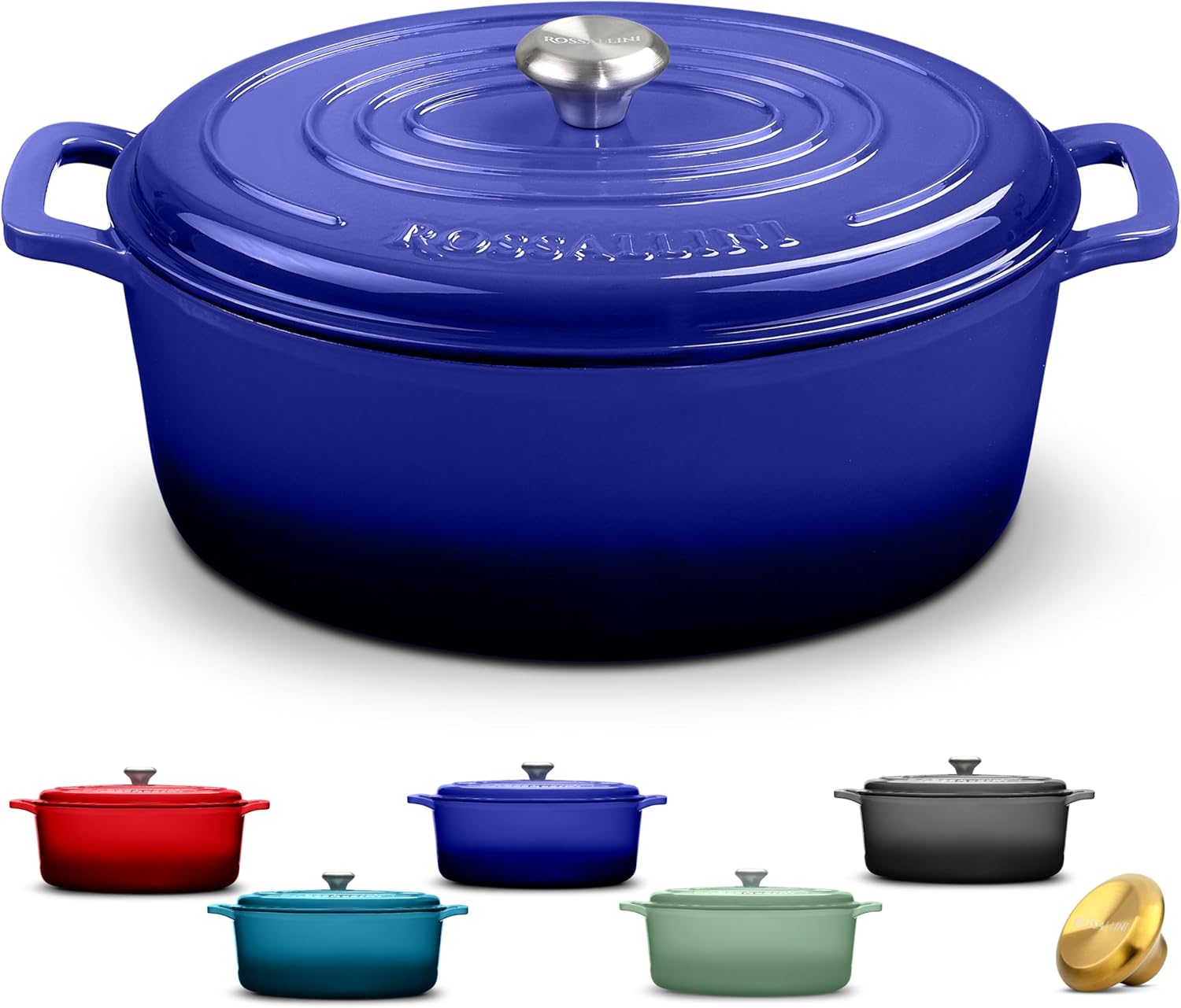 ROSSALLINI Signature Enameled Cast Iron Oval Dutch Oven | Non-Stick Serving Pot with Tight Fitting Lid for Perfect Roasting, Baking, Sauteing, and Bread Making | 5Q [Indigo Blue]