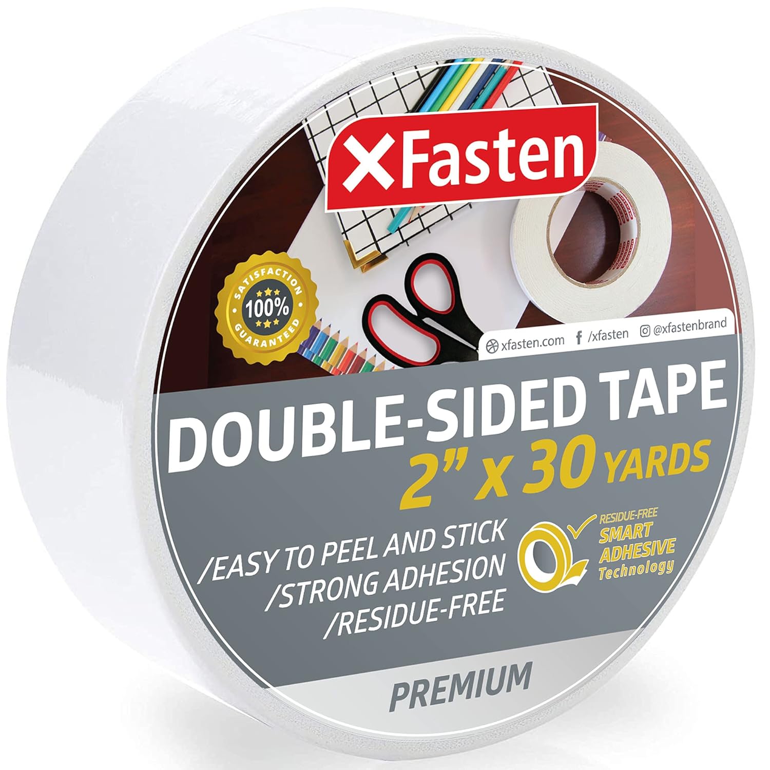 XFasten Double Sided Tape, White, Removable and ResidueFree, 2Inch x