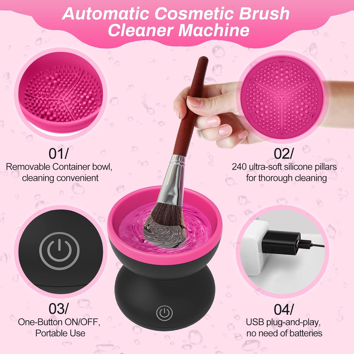 Black+Rose Red Automatic Makeup Brush Cleaner - Nettoyage Automatique USB, Rapide et Pratique - Image détaillée