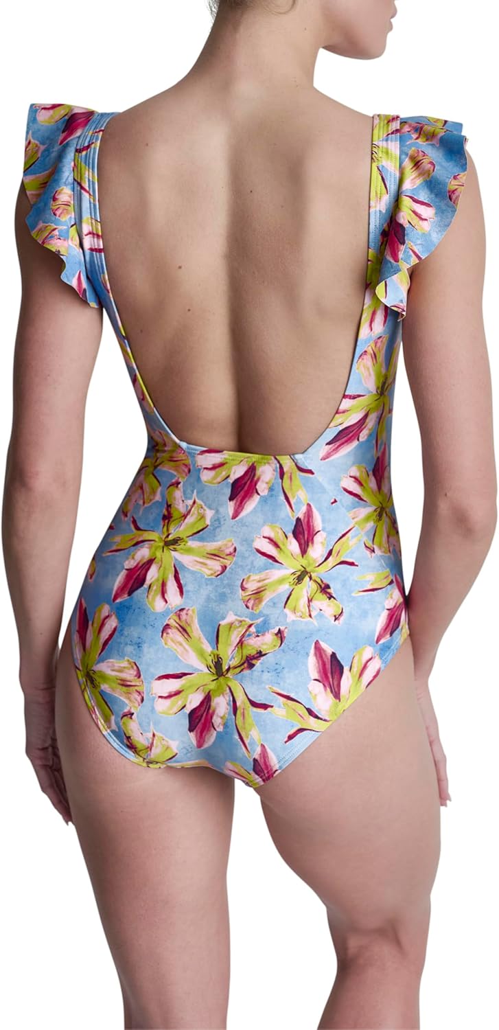 DKNY Women's Ruffle Shoulder V-Neck One Piece Swimsuit with Tummy Control