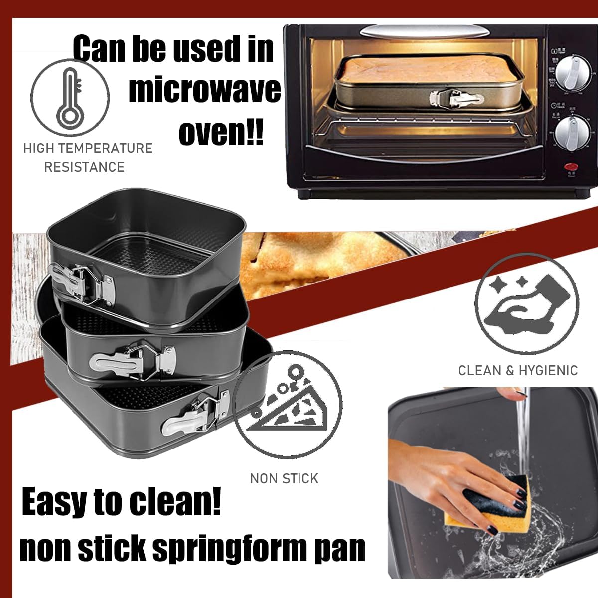 Springform Pan Set, 9.5/10/11Inch Square cake pans, Nonstick Bakeware Springform, Leakproof Cake Pans with Removable Bottom for Baking, Cheesecake Pan (Square, 9.5/10/11 inch)